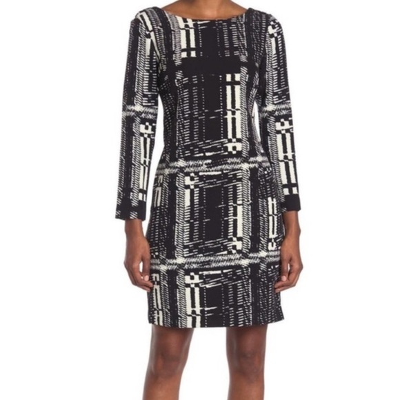 Trina Turk Wade Sheath Dress Boat Neck Long Sleeve Black White NWT Size 6 - Picture 1 of 11